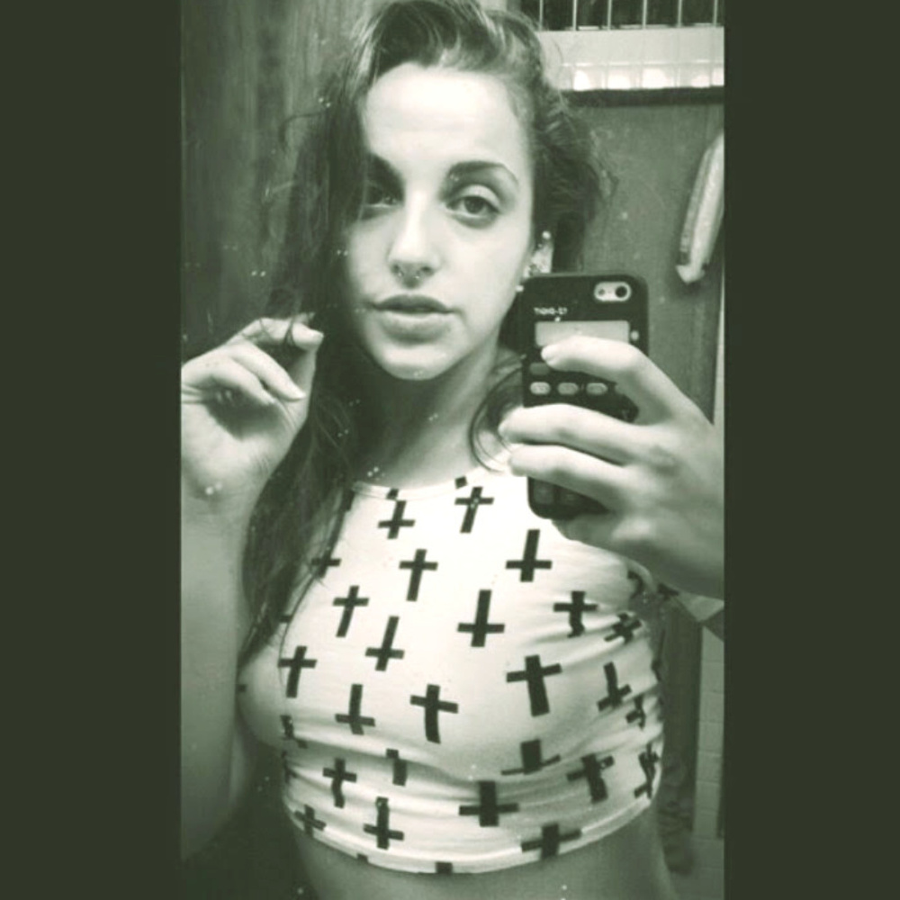 White Crop Top with Evil Cross Pattern S